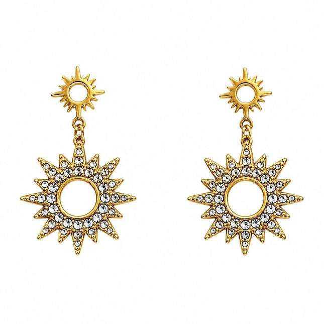 Tempo A Tempo gold celestial sun and star drop earrings with pavé rhinestones, 4cm