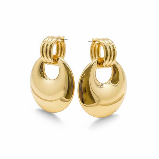 Tempo A Tempo gold-tone stainless steel dangle earrings with concentric rings, 5.5cm drop, polished mirror finish.