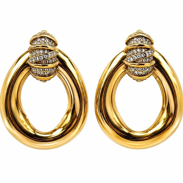 Tempo A Tempo gold door-knocker earrings with pave rhinestone detail and open oval drop, 5cm