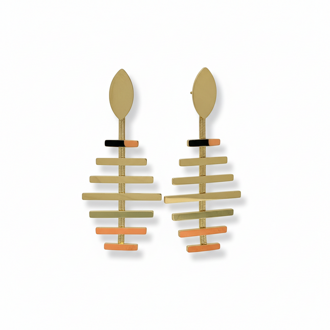 Tempo A Tempo gold-plated steel drop earrings with modern fishbone geometric design and orange accents.