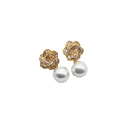 Tempo A Tempo gold flower earrings with cubic zirconia and white pearl drop, elegant chic for ceremonies.
