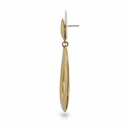 Tempo A Tempo gold stainless steel drop earrings with a hammered open teardrop design, side view.