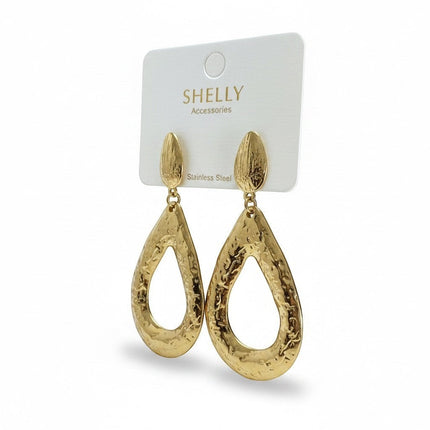 Tempo A Tempo Shelly gold stainless steel drop earrings with an open teardrop design and hammered texture.
