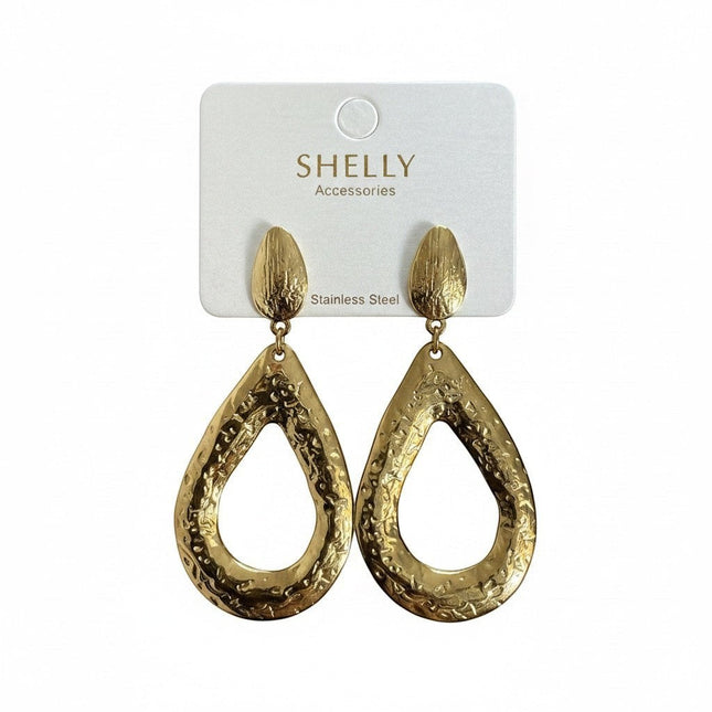 Tempo A Tempo Shelly Accessories gold stainless steel drop earrings with a hammered open teardrop design.