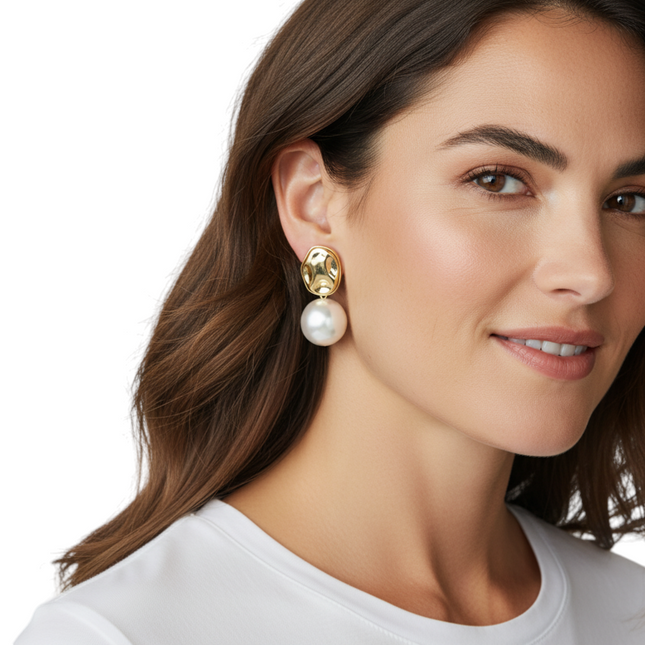 Tempo A Tempo gold hammered abstract drop earrings with large white pearl.
