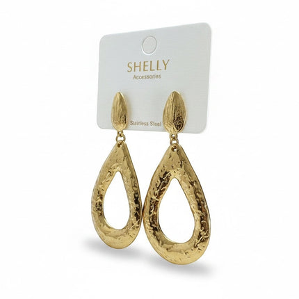 Tempo A Tempo gold hammered open teardrop dangle earrings, 6cm, stainless steel