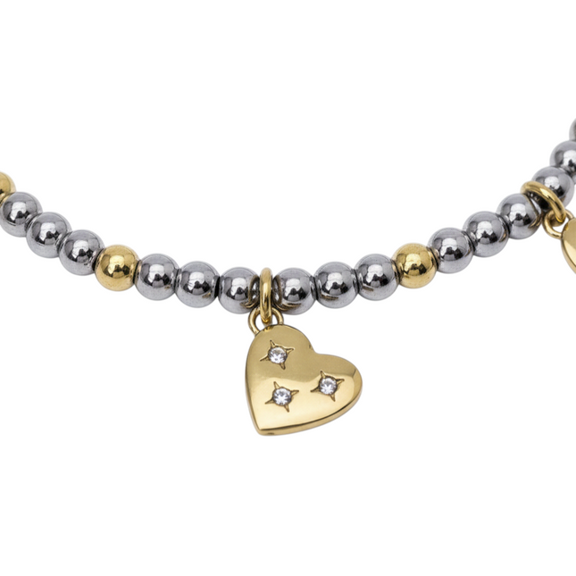 Tempo A Tempo women's steel bracelet with gold PVD spheres and diamond-accented heart charms. Romantic design.