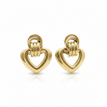 Tempo A Tempo gold stainless steel heart dangle earrings with multiple rings, 4cm