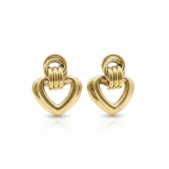 Tempo A Tempo gold stainless steel heart dangle earrings with multiple rings, 4cm