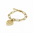 Tempo A Tempo gold-tone stainless steel wide link bracelet with a heart charm. Hypoallergenic and lightweight.