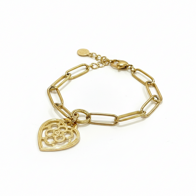 Tempo A Tempo gold-tone stainless steel wide link bracelet with a heart charm. Hypoallergenic and lightweight.