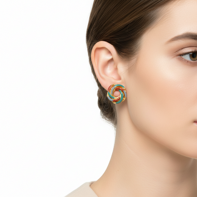 Tempo A Tempo gold-tone knot earrings with red, green, and blue enamel details. Elegant, multicoloured design.