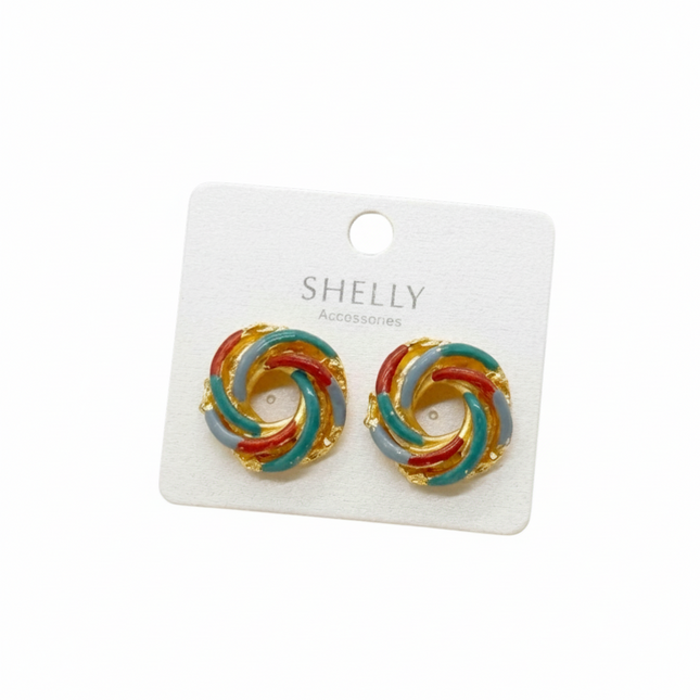 Tempo A Tempo gold-tone knot earrings with red, green, and grey enamel details. Elegant, swirl design for pierced ears.