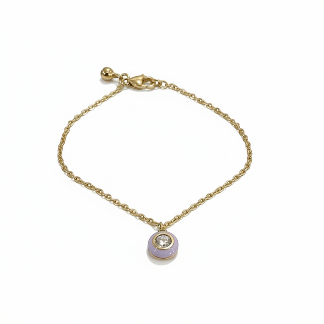 Tempo A Tempo gold-plated chain bracelet with a round lilac enamel charm featuring a clear crystal.