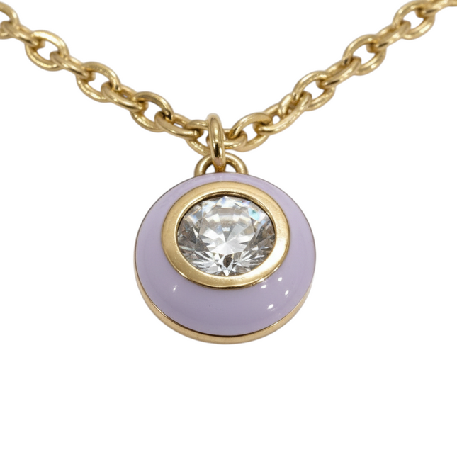 Tempo A Tempo gold-plated chain bracelet with a round pendant featuring a clear crystal and lilac enamel.
