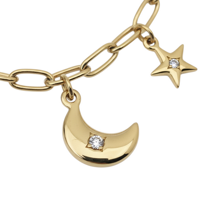 Tempo A Tempo gold-plated stainless steel women's bracelet with moon and star charms. Adjustable length with lobster clasp.