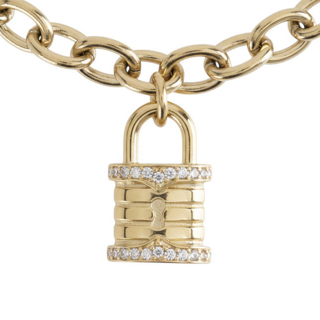 Tempo A Tempo gold-tone stainless steel chain bracelet with padlock charm and crystal accents.