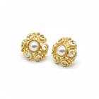 Tempo A Tempo baroque-style gold earrings with white enamel swirls and a central pearl. Vintage design.