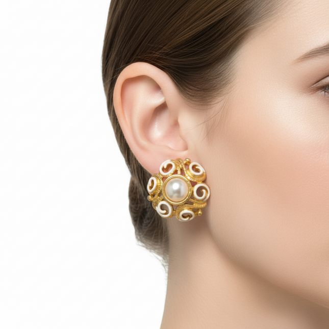 Tempo A Tempo baroque gold earrings with white enamel swirls and pearl center, vintage style.