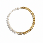 Tempo A Tempo gold-plated stainless steel necklace with pearls and cuban link chain, featuring a pearl pendant and crystal-embellished clasp.