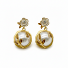 Tempo A Tempo elegant gold drop earrings with white floral design and large pearl.