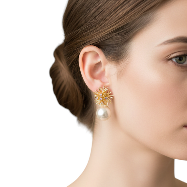 Tempo A Tempo gold flower earrings with pearl drop and sparkling rhinestones, elegant for ceremonies.