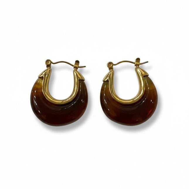 Tempo A Tempo Shelly gold-tone steel hoop earrings with brown resin accents and hook closure