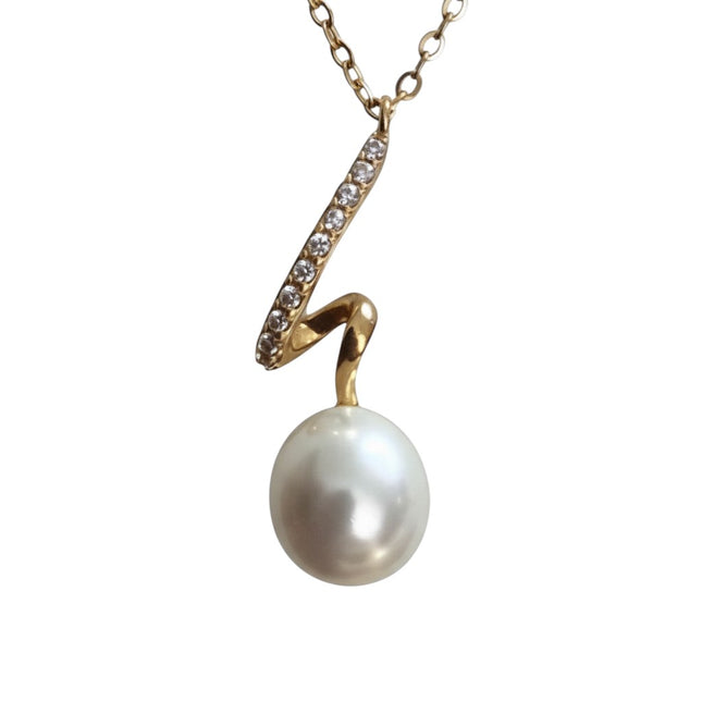 Tempo A Tempo gold-tone 316L stainless steel necklace with a spiral pendant adorned with pavé white rhinestones and a single synthetic pearl.