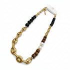 Tempo A Tempo gold chain necklace with tiger eye cubes, black onyx beads, and white pearls. Adjustable.