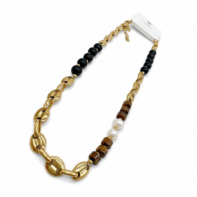 Tempo A Tempo gold chain necklace with tiger eye cubes, black onyx beads, and white pearls. Adjustable.