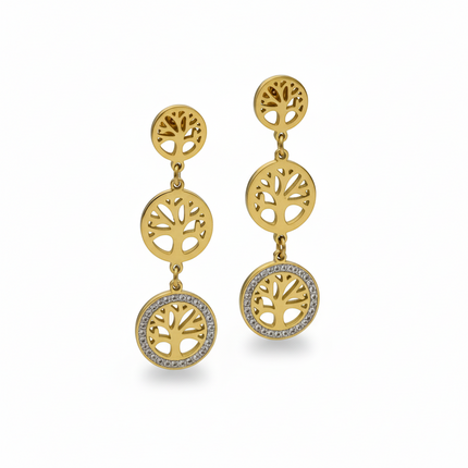 Tempo A Tempo gold-tone stainless steel drop earrings with tree of life charms and rhinestone accents.