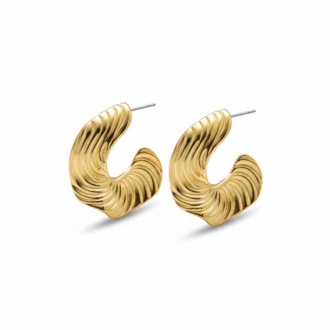 Tempo A Tempo gold wavy stainless steel hoop earrings, 4cm, elegant design with ridged texture.
