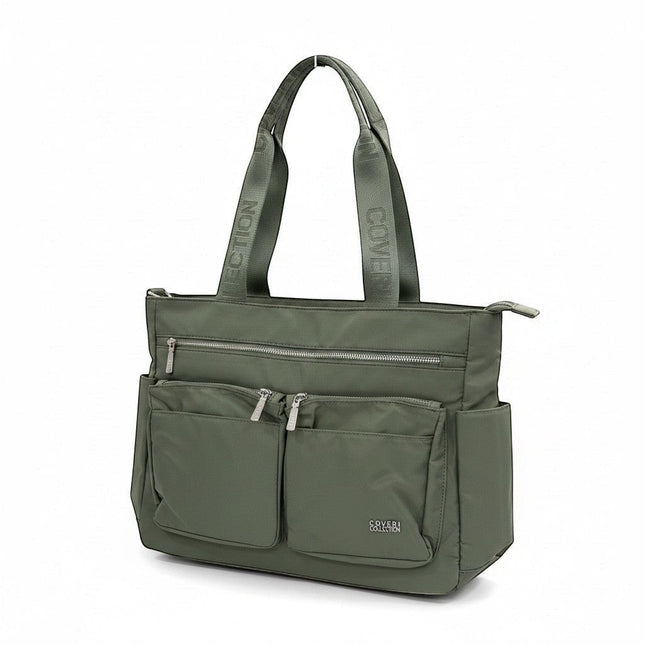 Tempo A Tempo green nylon tote bag with multiple pockets and logoed handles