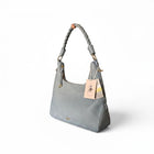 Tempo A Tempo grey-blue faux leather hobo bag with braided handle and gold hardware. Vintage style.