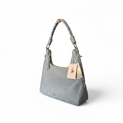 Tempo A Tempo grey-blue faux leather hobo bag with braided handle and gold hardware. Vintage style.