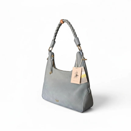 Tempo A Tempo grey-blue hobo bag in faux leather with braided handle and gold hardware. Vintage style.