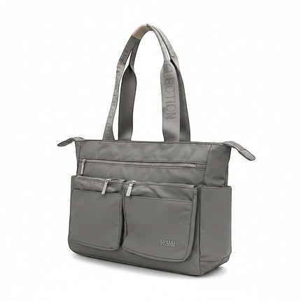 Tempo A Tempo grey nylon tote bag with multiple pockets and logoed handles.