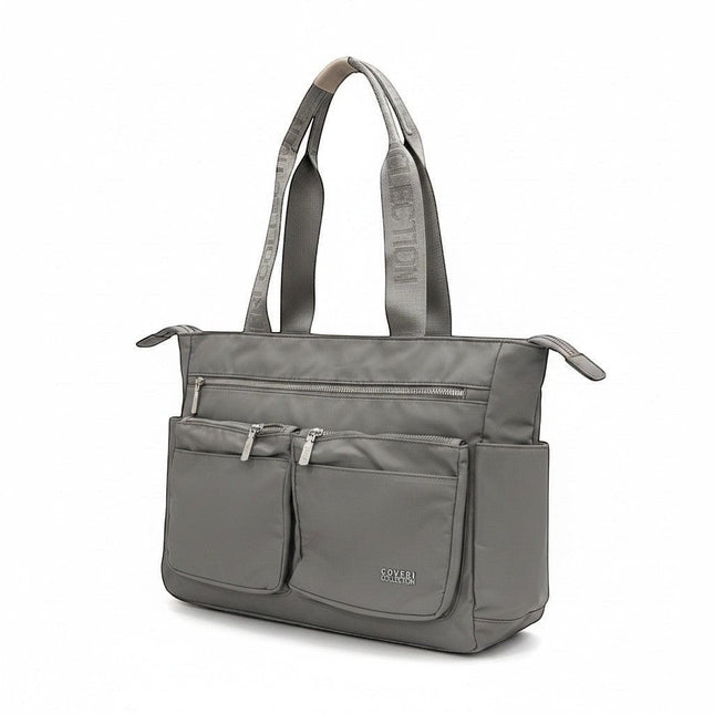 Tempo A Tempo grey nylon tote bag with multiple pockets and logoed handles.