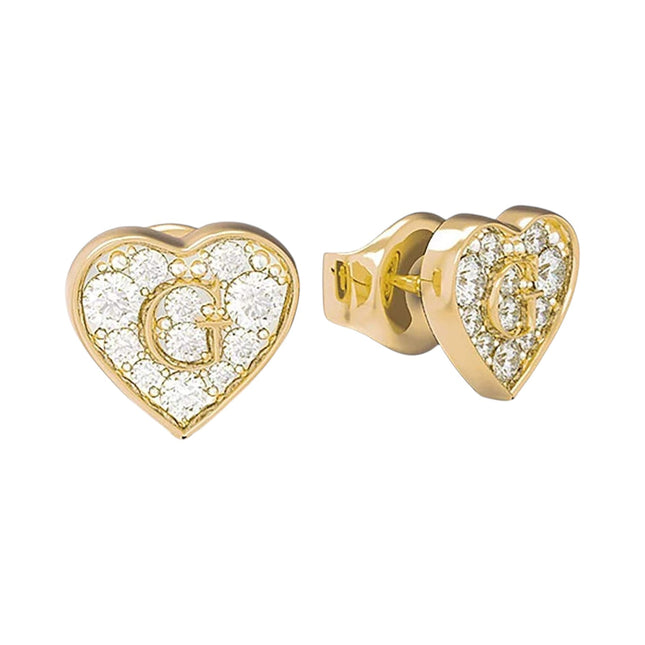 Tempo A Tempo Guess gold-tone stainless steel heart stud earrings featuring sparkling crystals and G logo detail.