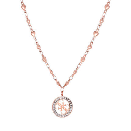 Tempo A Tempo Guess gold-tone stainless steel necklace featuring a round pendant with interlocking hearts and crystals