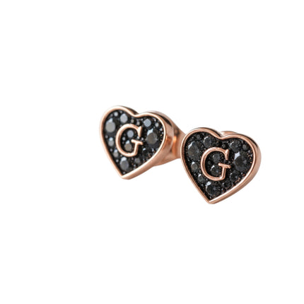 Tempo A Tempo Guess heart-shaped stud earrings in rose gold tone steel with black crystals and G logo detail