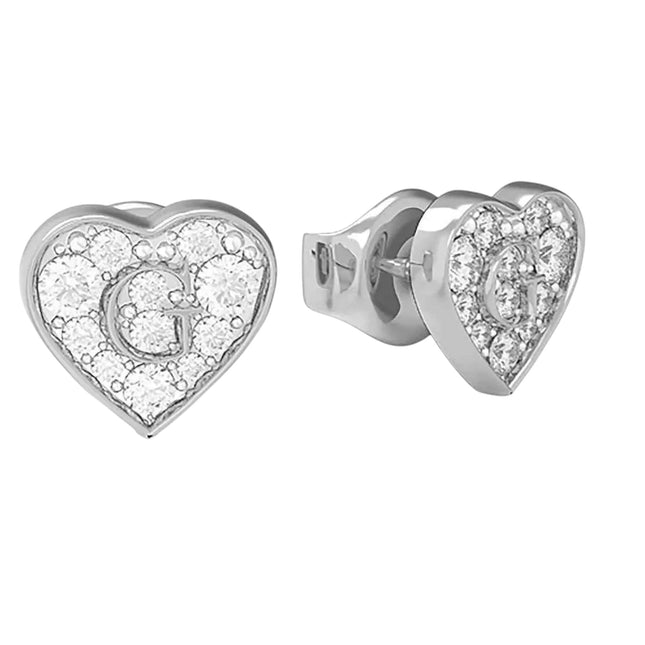 Tempo A Tempo Guess heart-shaped stud earrings in silver-tone steel with pavé crystals and G logo detail.