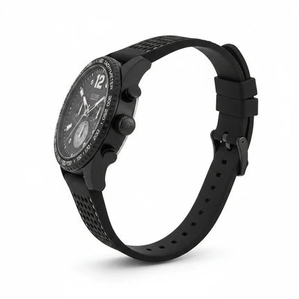 Tempo A Tempo Guess W0971G1 men's chronograph watch with a black silicone strap and stainless steel case, side view.