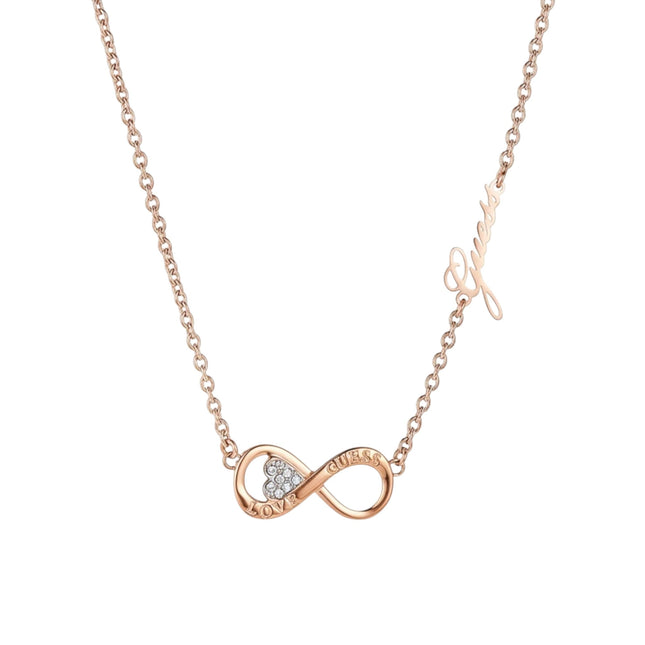 Tempo A Tempo GUESS rose gold infinity pendant necklace with crystal heart detail and delicate chain