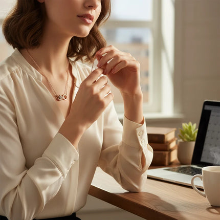 Tempo A Tempo GUESS rose gold infinity necklace worn by a woman in a white blouse at a desk