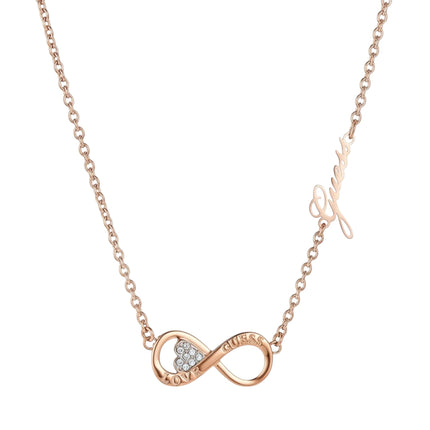 Tempo A Tempo GUESS rose gold steel necklace featuring an infinity pendant with crystal heart and logo detail