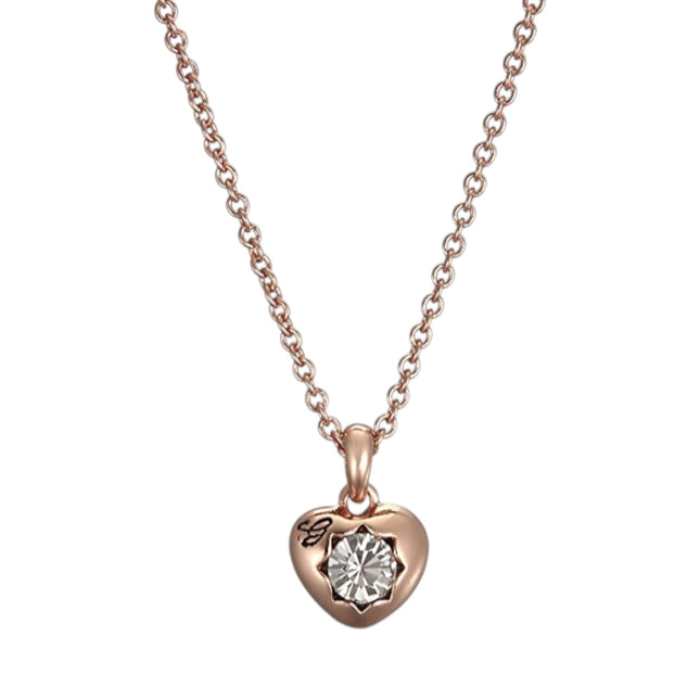 Tempo A Tempo Guess rose gold stainless steel necklace featuring a heart pendant with a central crystal detail.