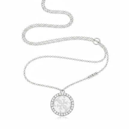 Tempo A Tempo Guess silver-tone stainless steel necklace featuring a crystal-encrusted logo pendant on a delicate chain.
