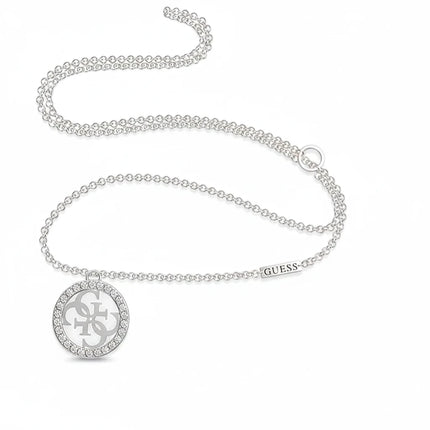 Tempo A Tempo Guess silver-tone stainless steel necklace featuring a round logo pendant embellished with crystals