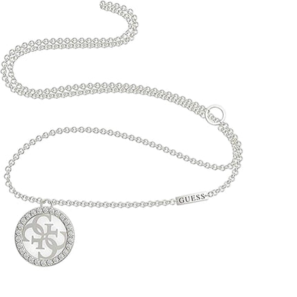 Tempo A Tempo Guess silver-tone stainless steel necklace featuring a round logo pendant embellished with crystals.